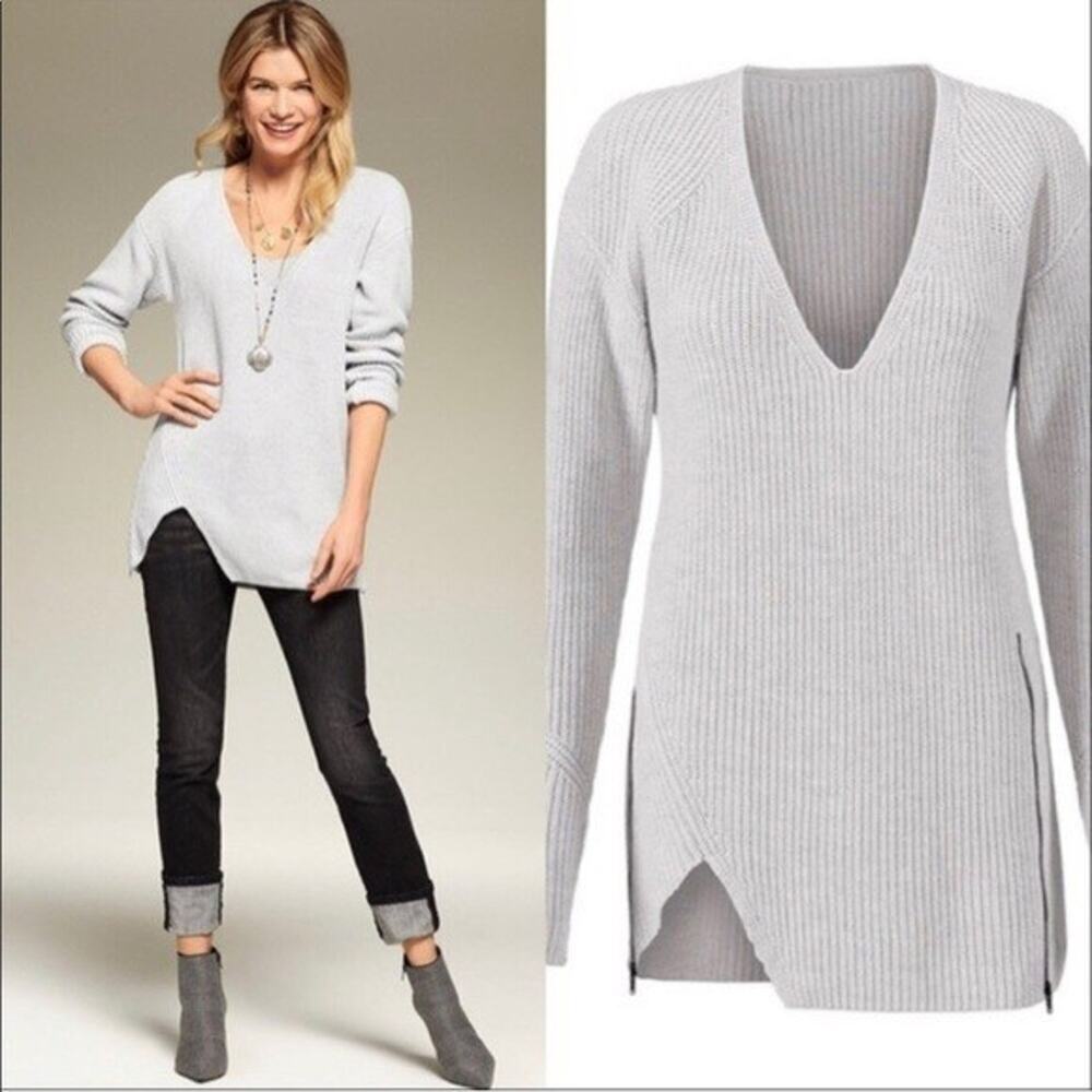 Cabi Sweater XS Gray Deep V Pullover Side Zip Cotton Blend 3531